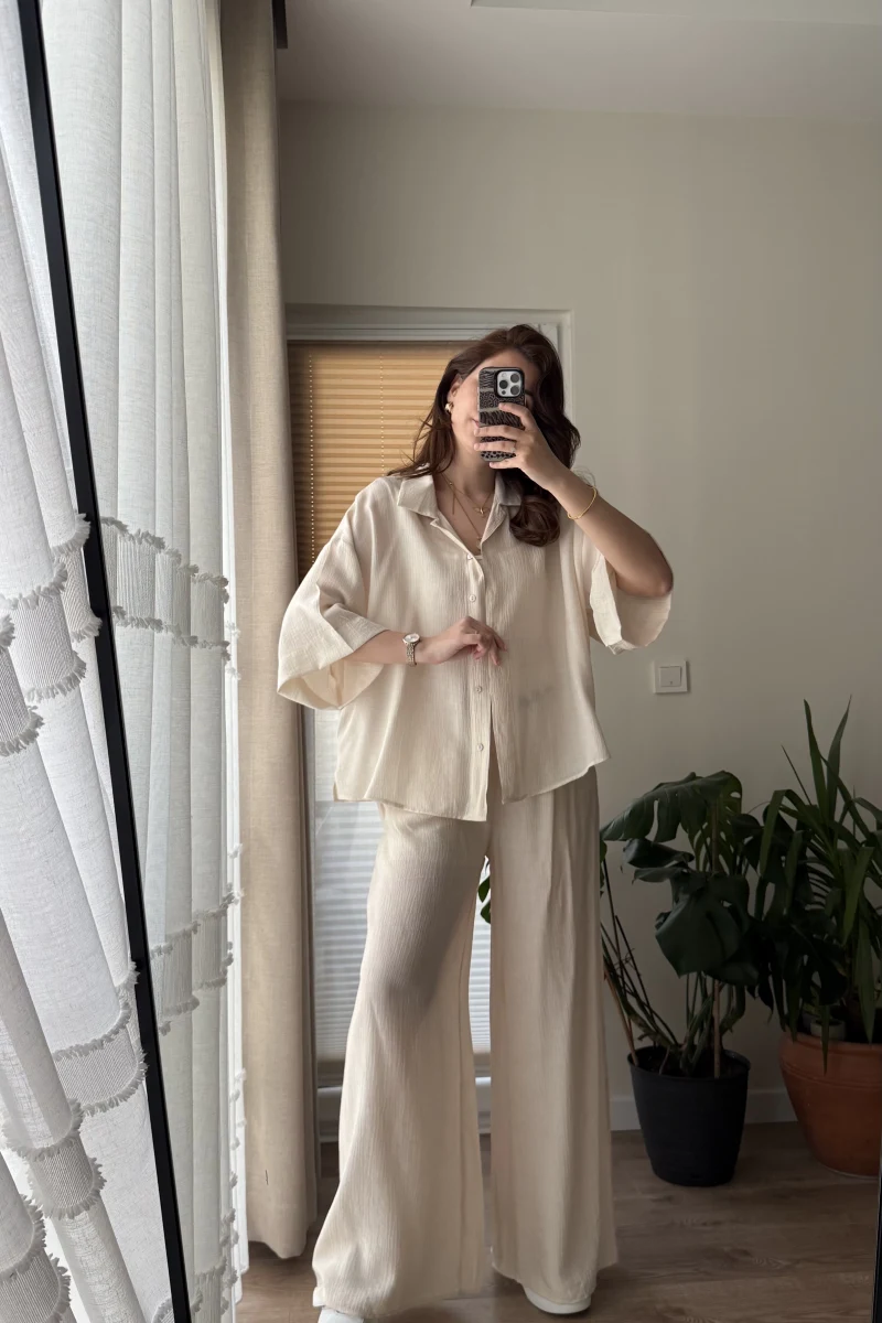 Boncuk Kemer Gömlek Pantolon Takım - Krem