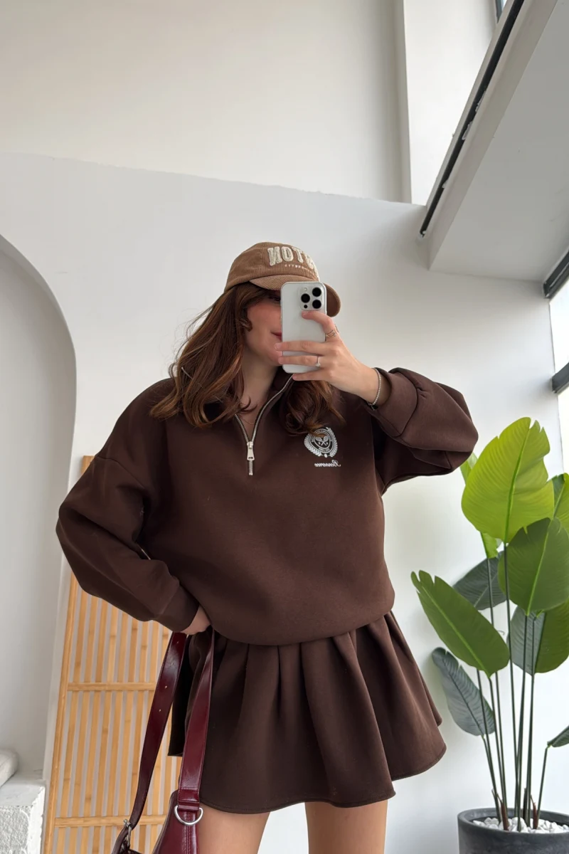 Bonneriee Pileli Mini Etek Sweat Takım - Kahverengi