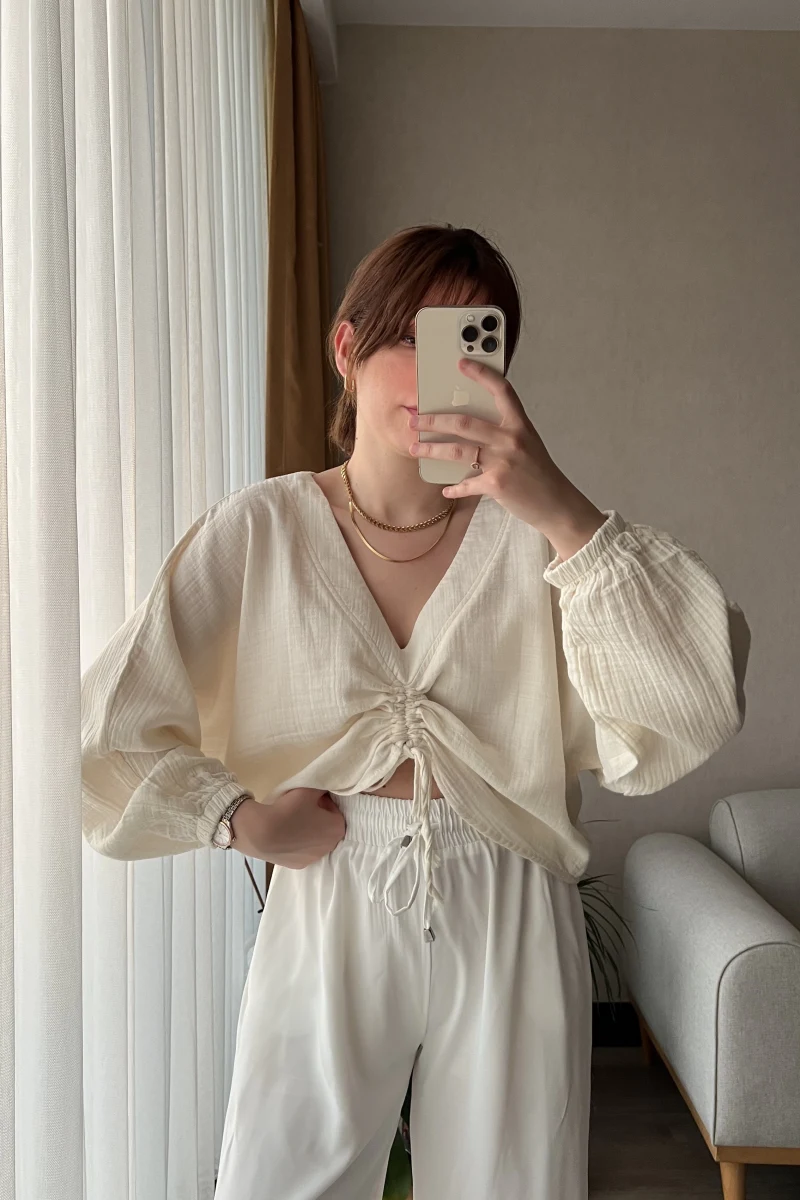 Boom EKRU Büzgülü Bluz