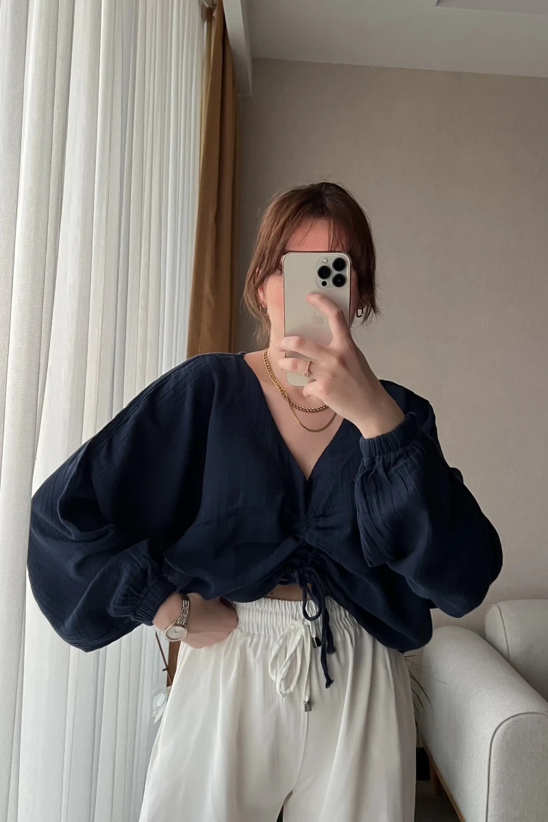 Boom Lacivert Büzgülü Bluz