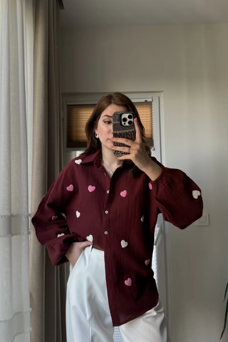 Bordo Kalpli Müslin Gömlek