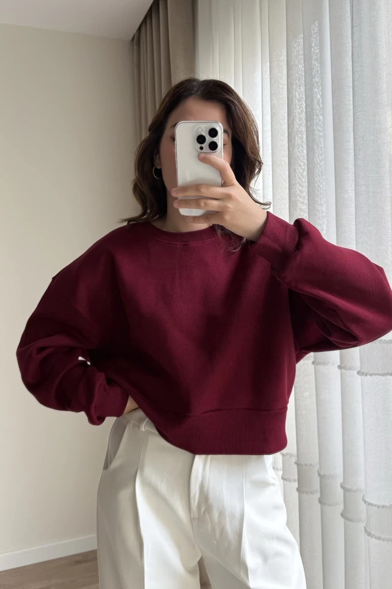 Bordo Kısa 3 İplik Şardonlu Sweat