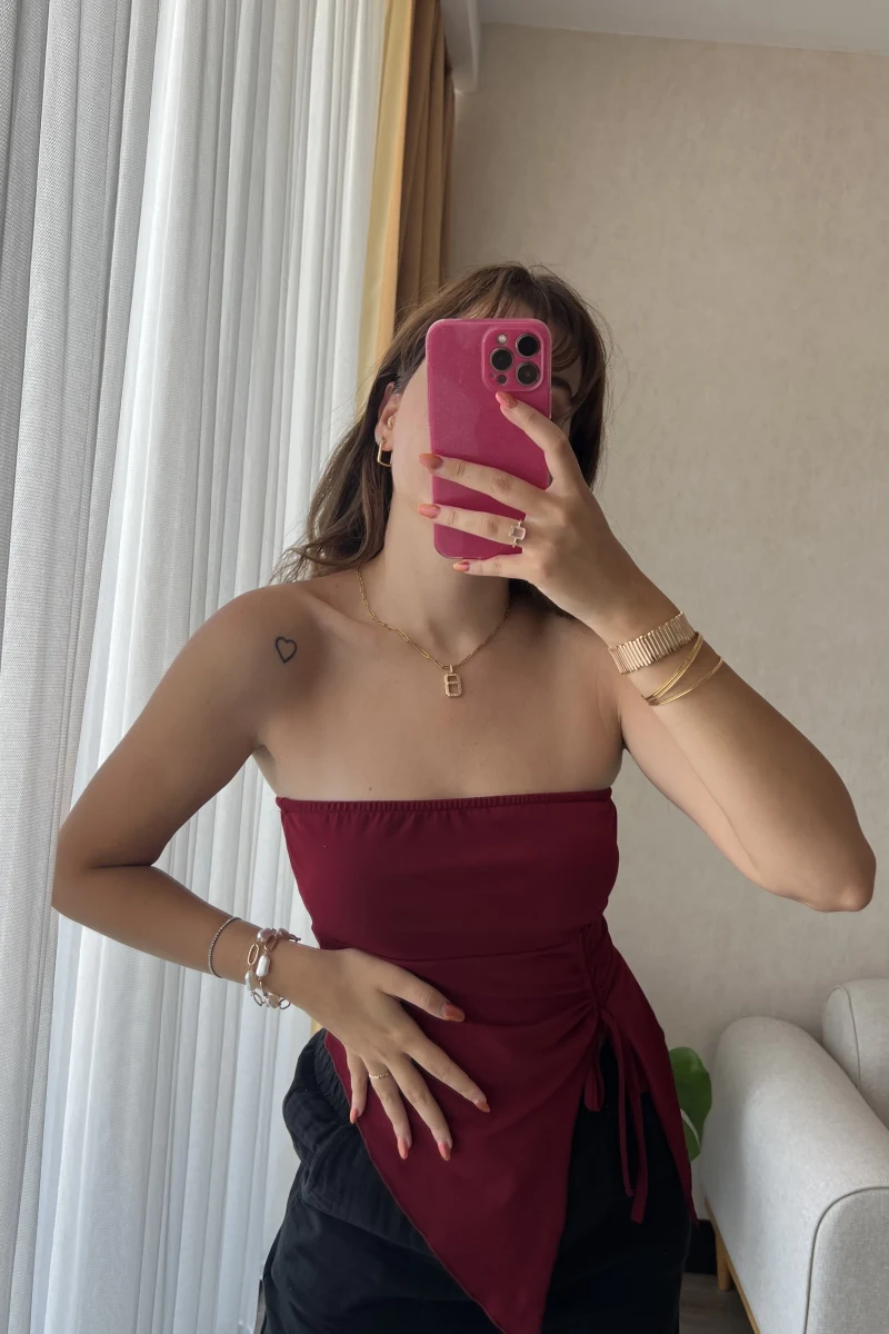 Bordo Straplez Büzgülü Üst