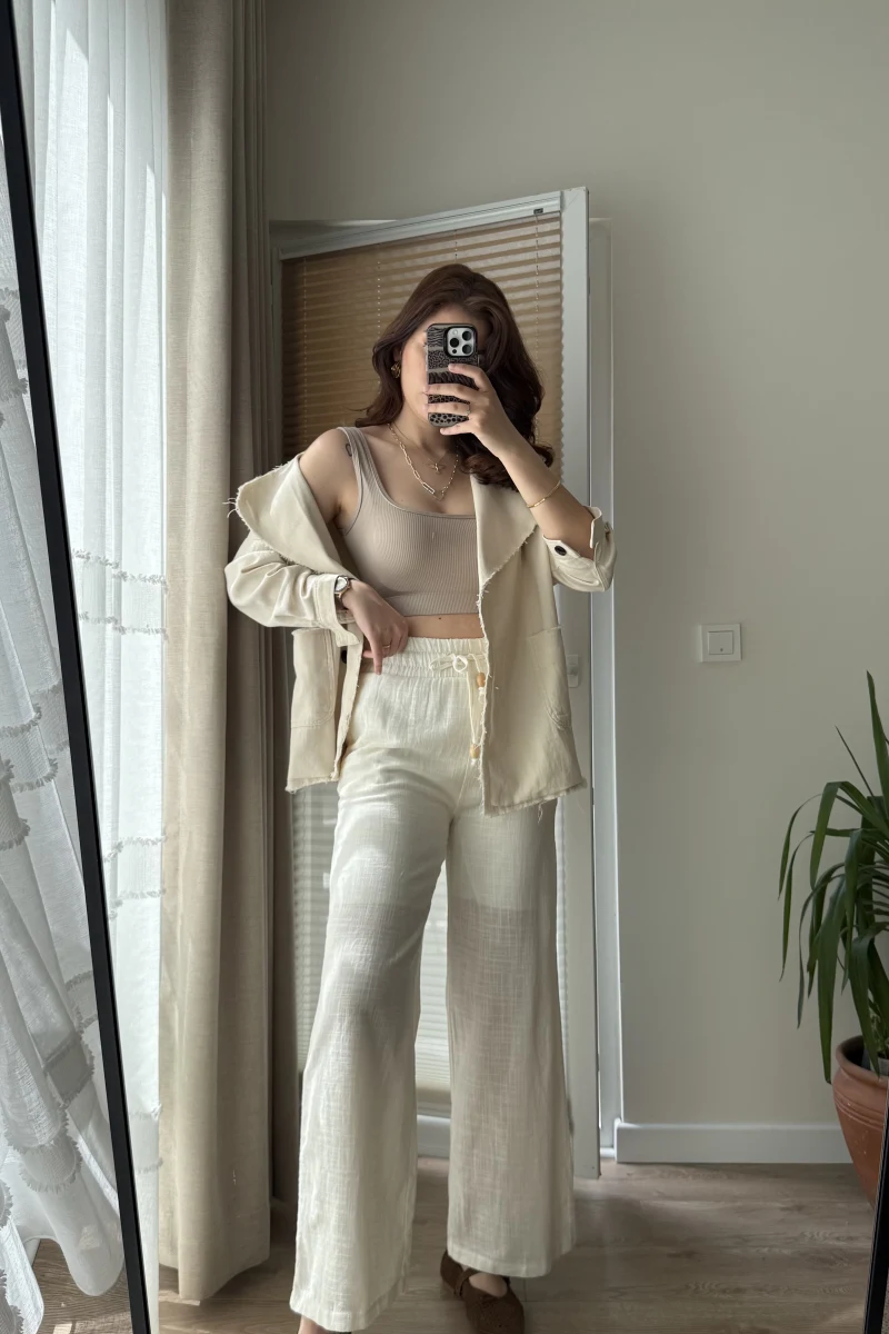 Boru Paça Lastikli Keten Astarlı Pantolon Beyaz