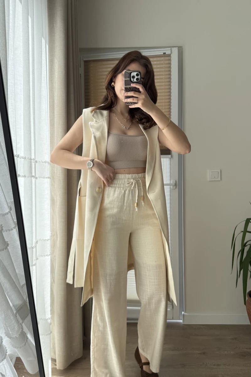 Boru Paça Lastikli Keten Astarlı Pantolon Krem