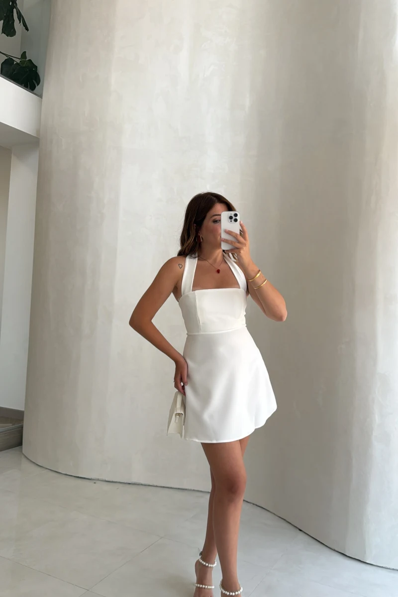 Boyundan Askılı Mini Elbise - Beyaz