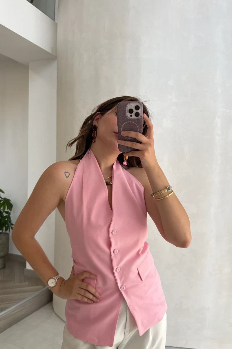Boyundan Geçmeli Düğmeli Yelek - Pembe - Kod: 580407