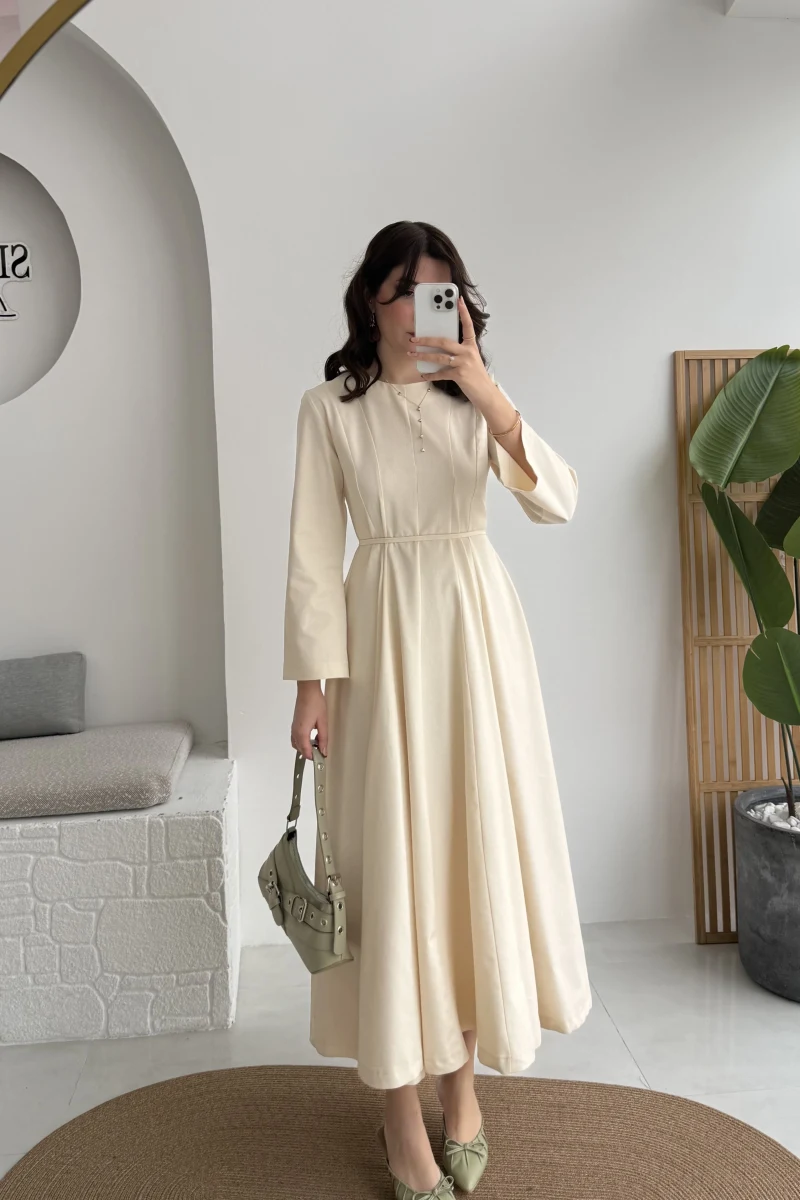 Brandy Kuşaklı Pens Detay Elbise - Ekru - Kod: 265011