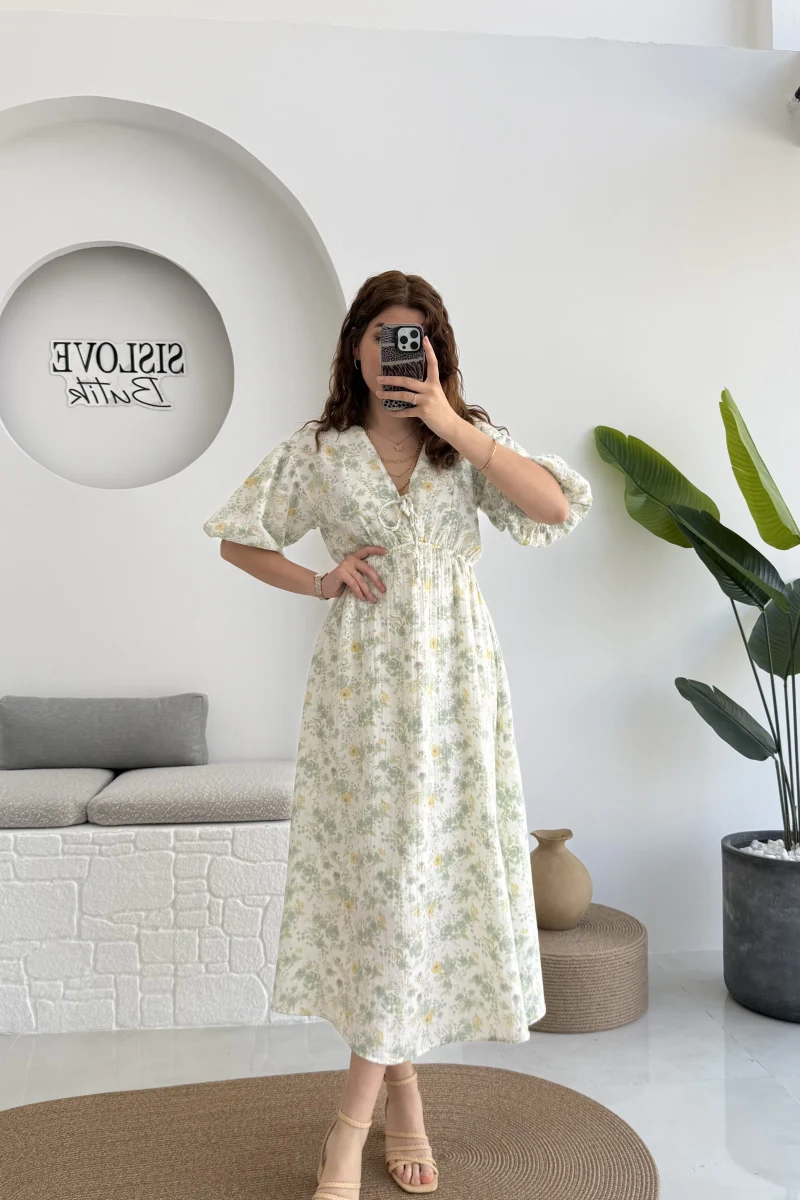 Bratislava Serisi Çiçekli Elbise - Yeşil - 3057