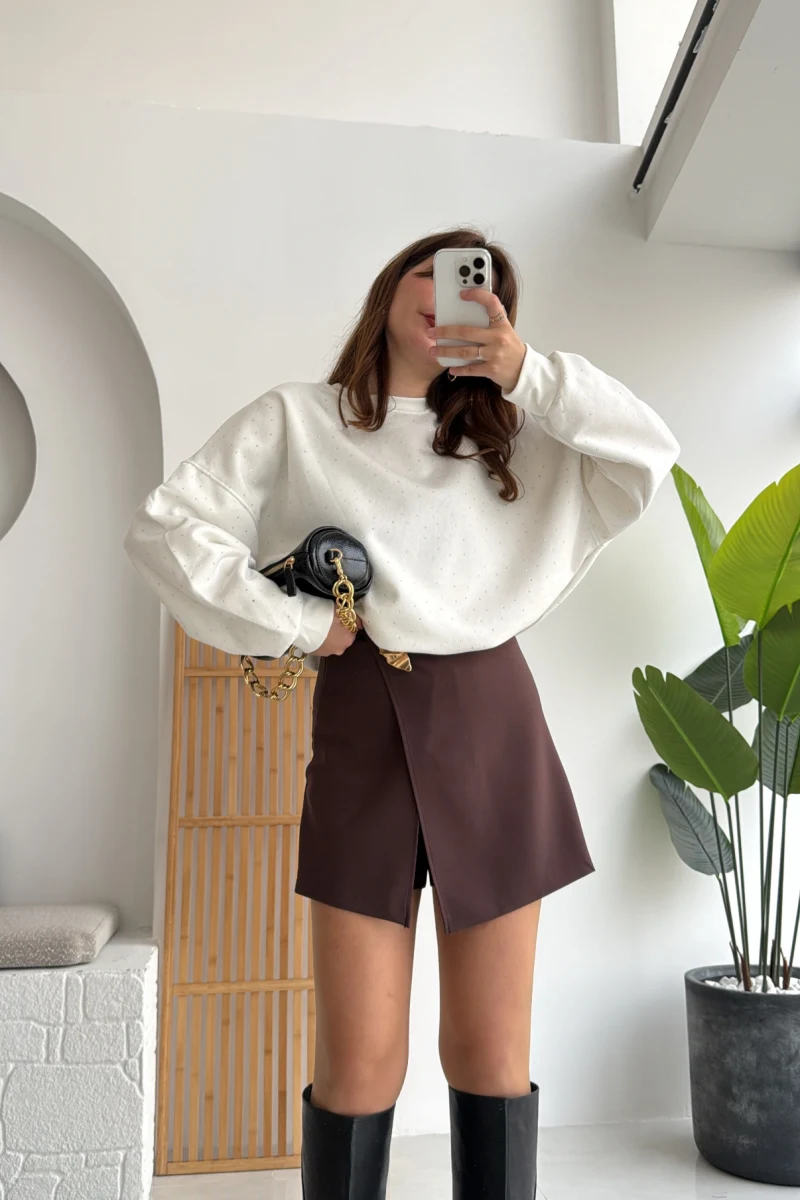 Broşlu Şort Etek - Acı Kahve