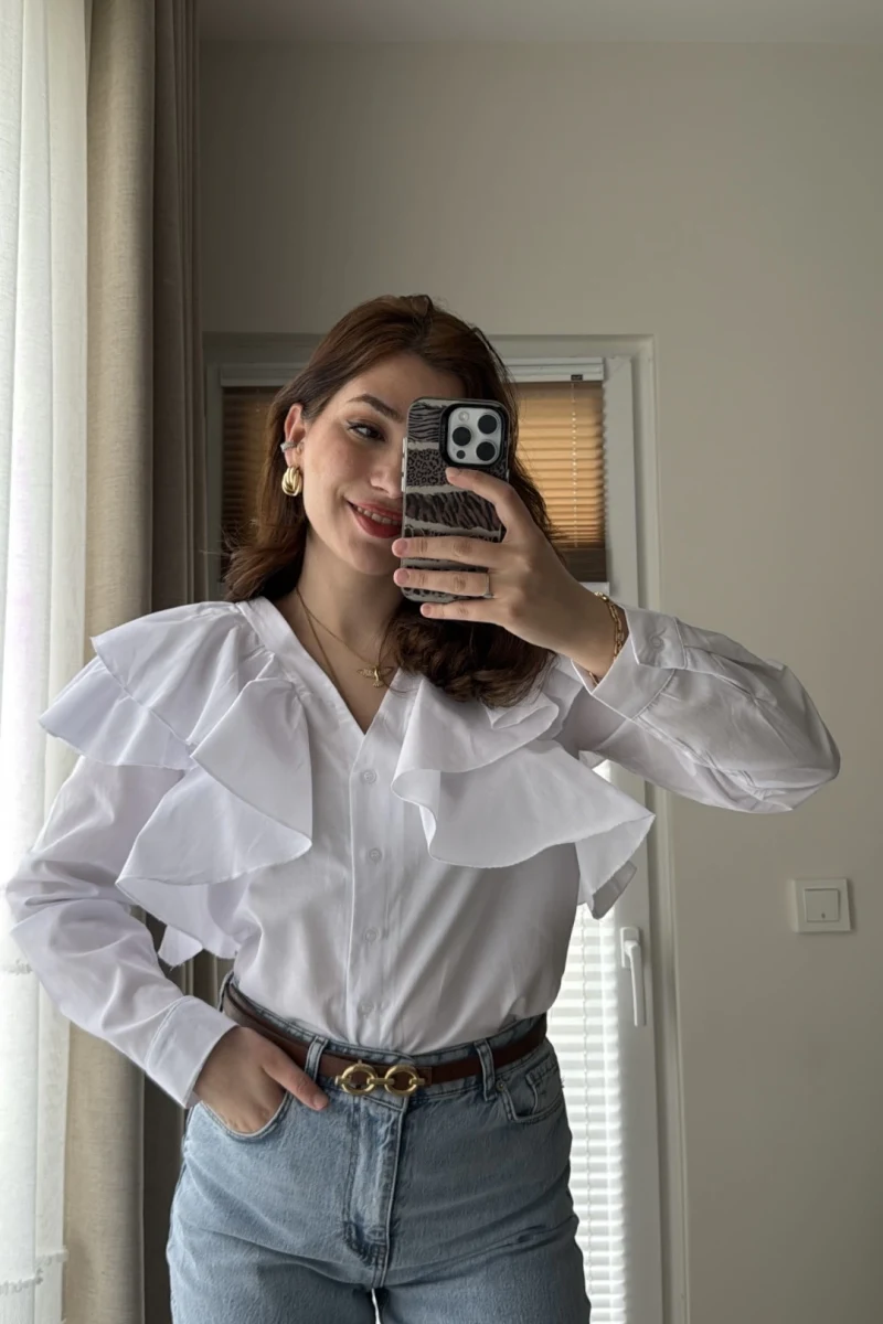 Bukle Fırfırlı Gömlek Beyaz