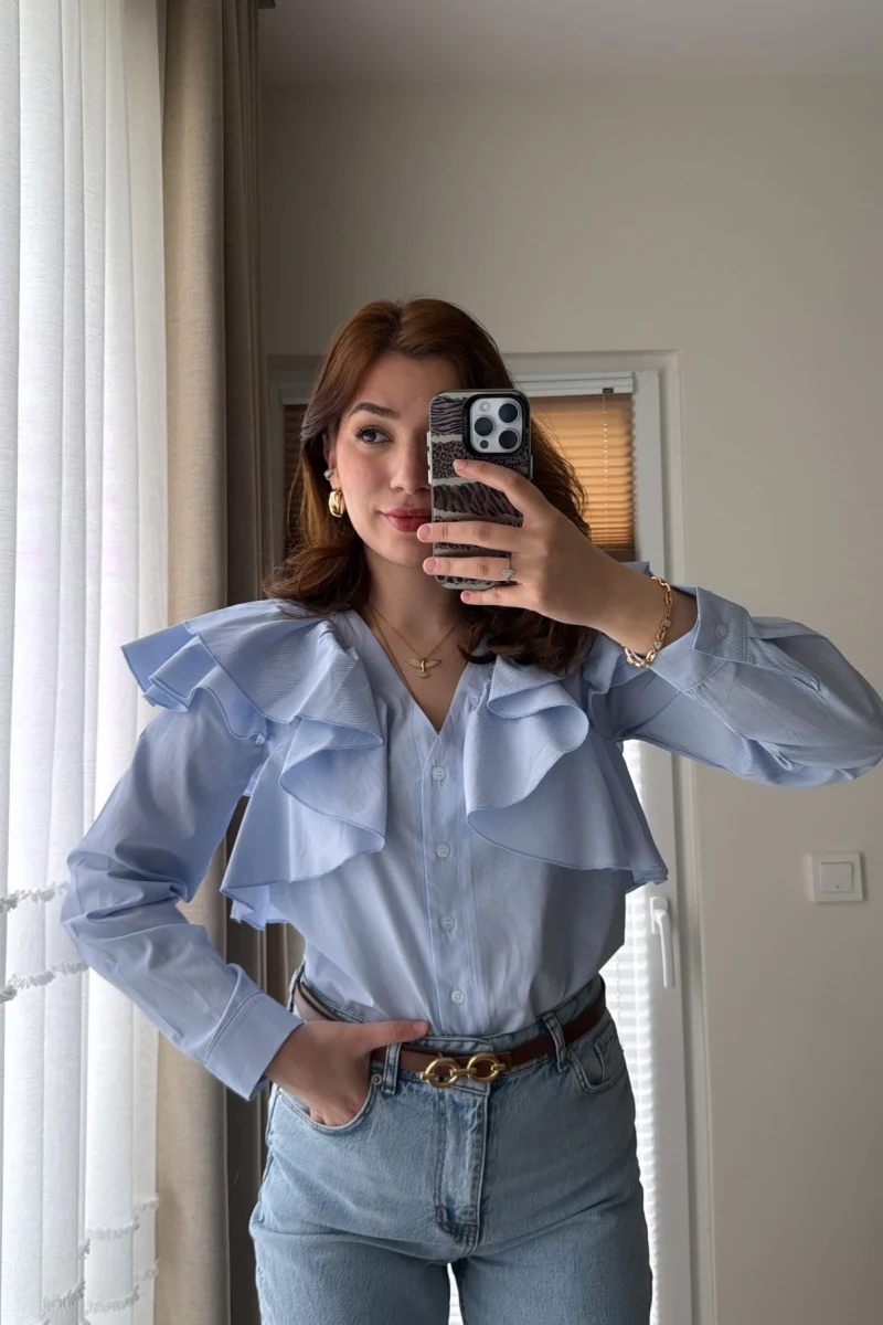 Bukle Fırfırlı Gömlek Mavi Düz