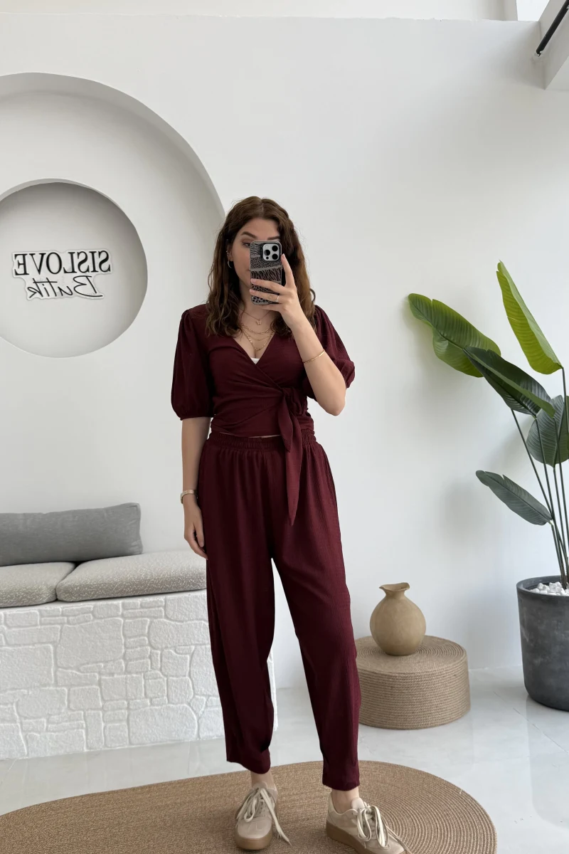 Bürümcük Kumaş Bağlamalı Üst Şalvar Takım - Bordo - 1018 - 4022