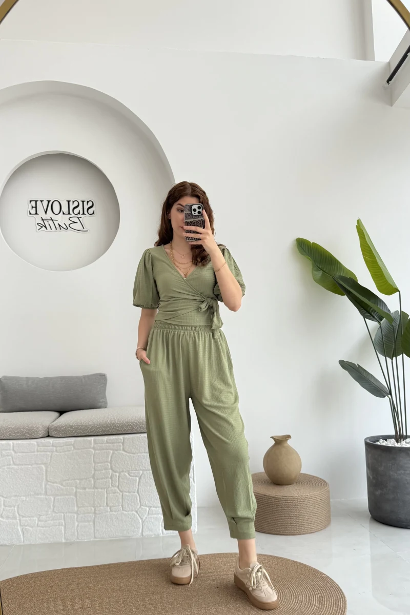 Bürümcük Kumaş Bağlamalı Üst Şalvar Takım - Çağla Yeşili - 1018 - 4022