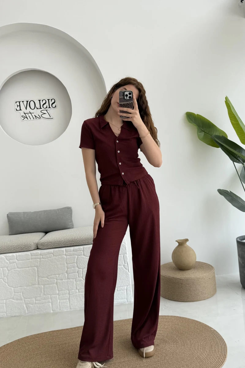 Bürümcük Kumaş Kısa Gömlek Pantolon Takım Bordo - 2096 - 4023