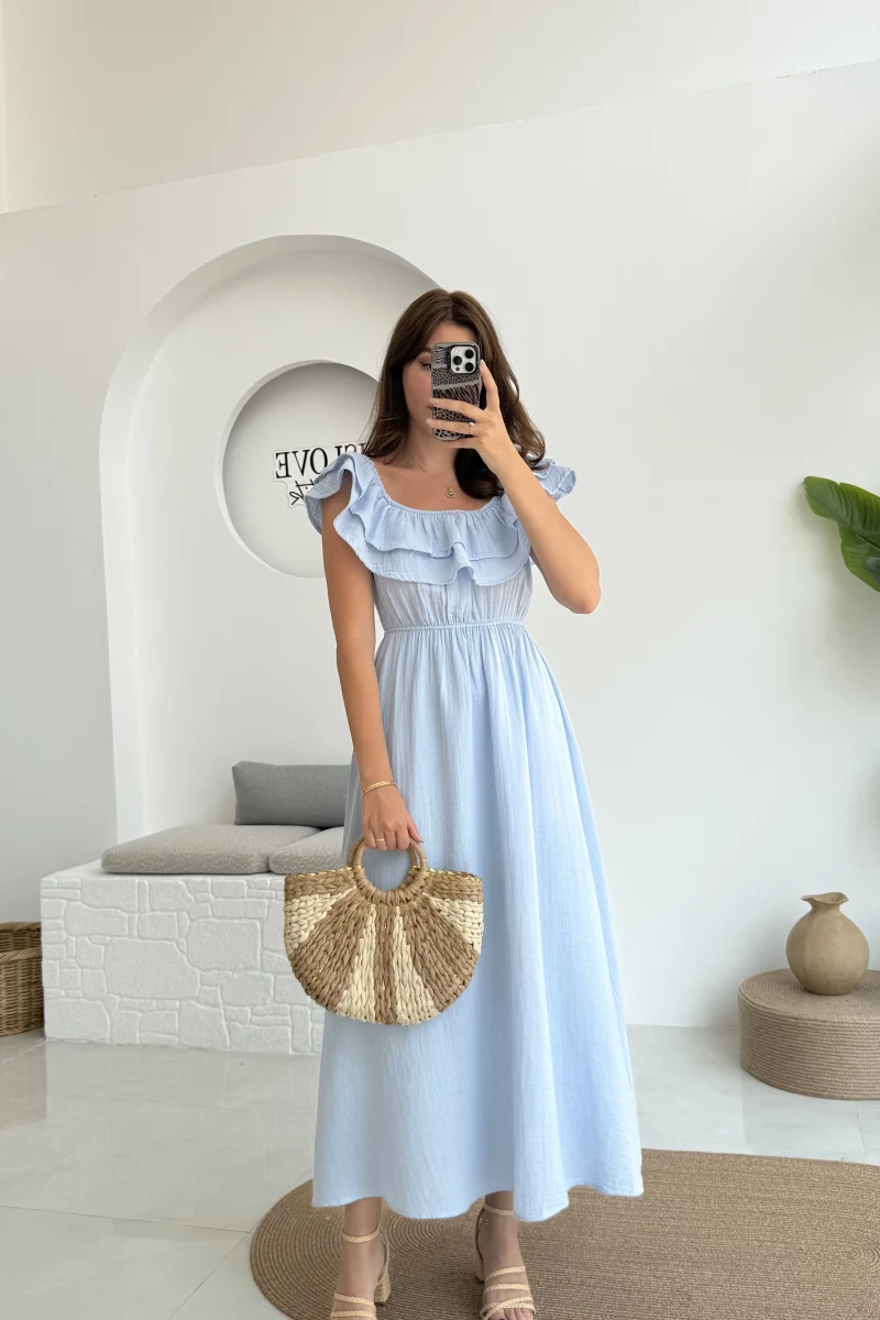 Butterfly Fırfır Detay Müslin Elbise - Bebe Mavi