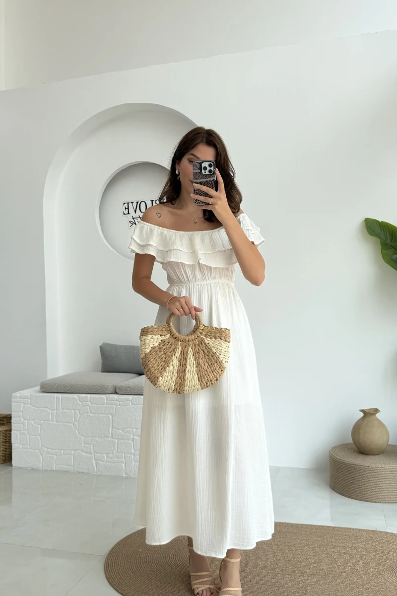 Butterfly Fırfır Detay Müslin Elbise - Beyaz