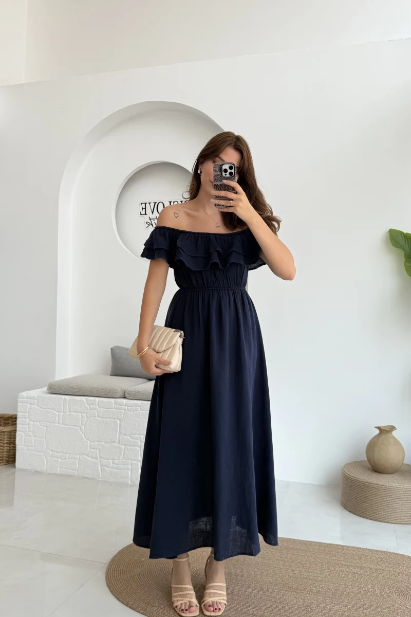 Butterfly Fırfır Detay Müslin Elbise - Lacivert