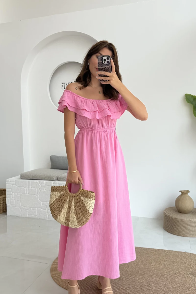 Butterfly Fırfır Detay Müslin Elbise - Pembe