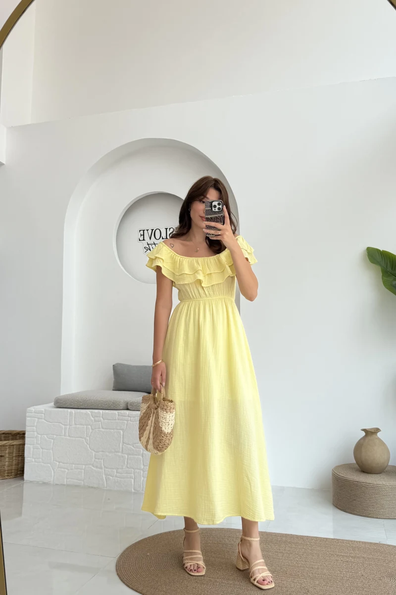 Butterfly Fırfır Detay Müslin Elbise - Sarı