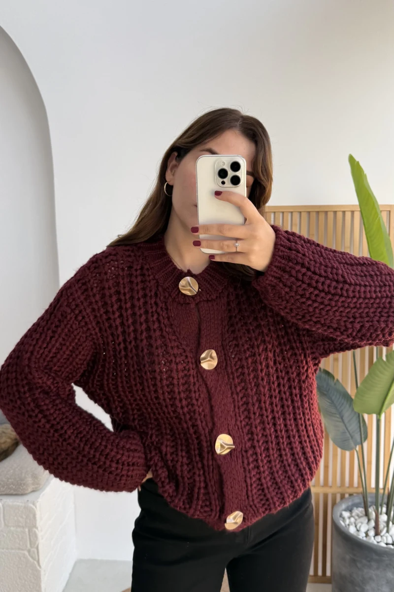 Büyük Düğmeli Örgü Hırka - Bordo