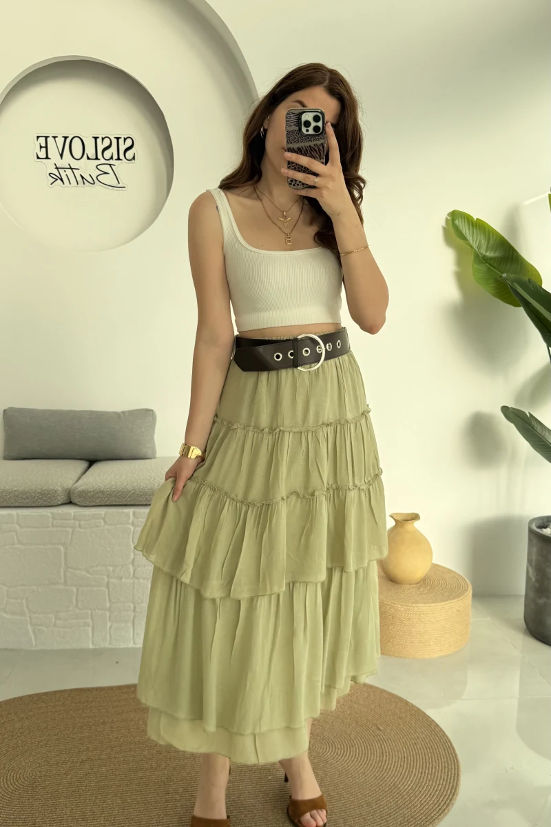 Büyük Kemerli Kat Kat Etek Haki