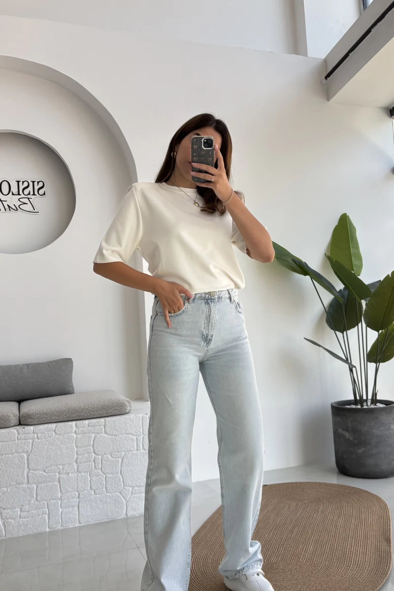 Buz Mavisi Yüksek Bel Denim Jean Pantolon - Kod: 876