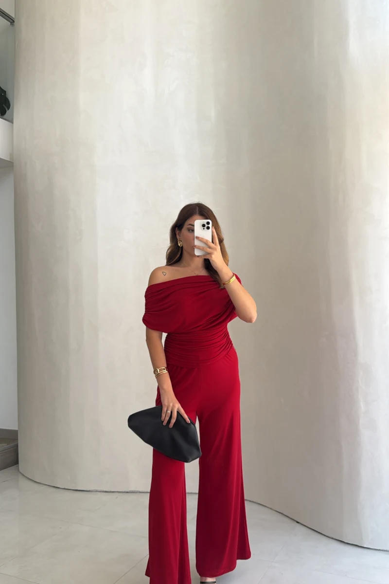 Büzgülü Bluz Pantolon Takım - Kırmızı - Kod: 905388