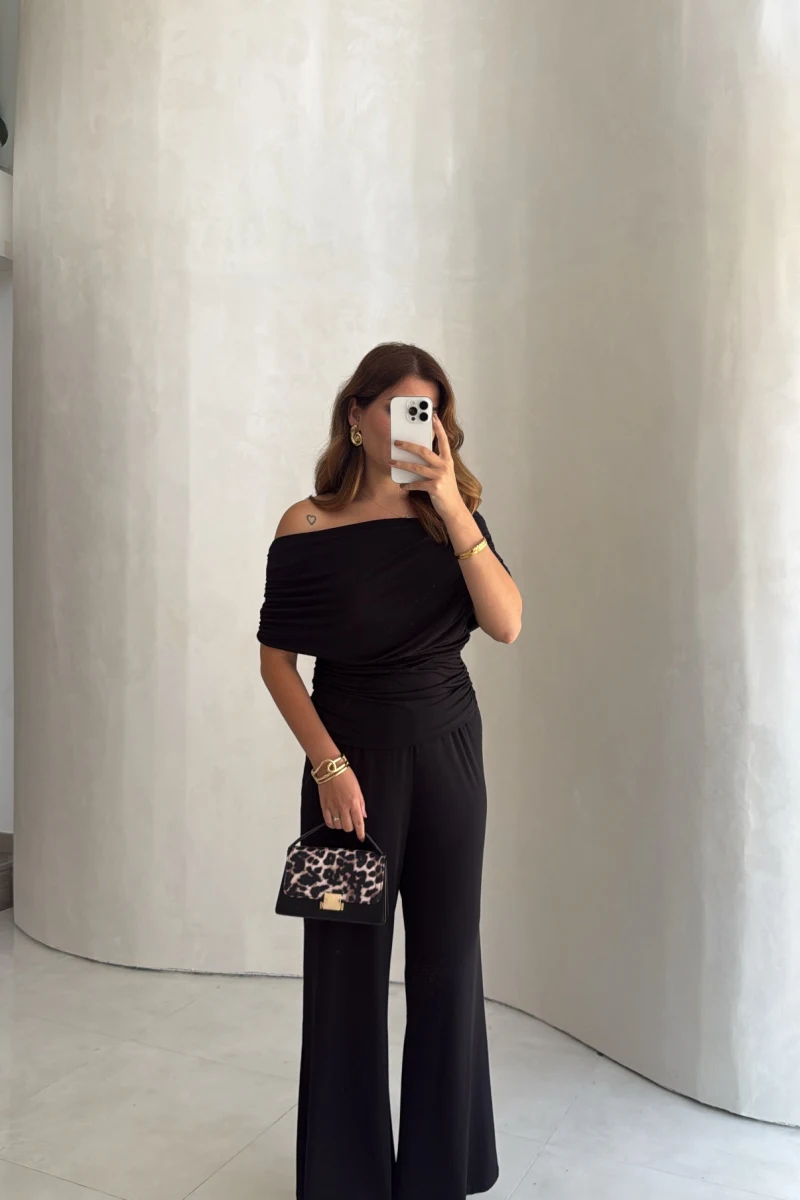 Büzgülü Bluz Pantolon Takım - Siyah - Kod: 905388