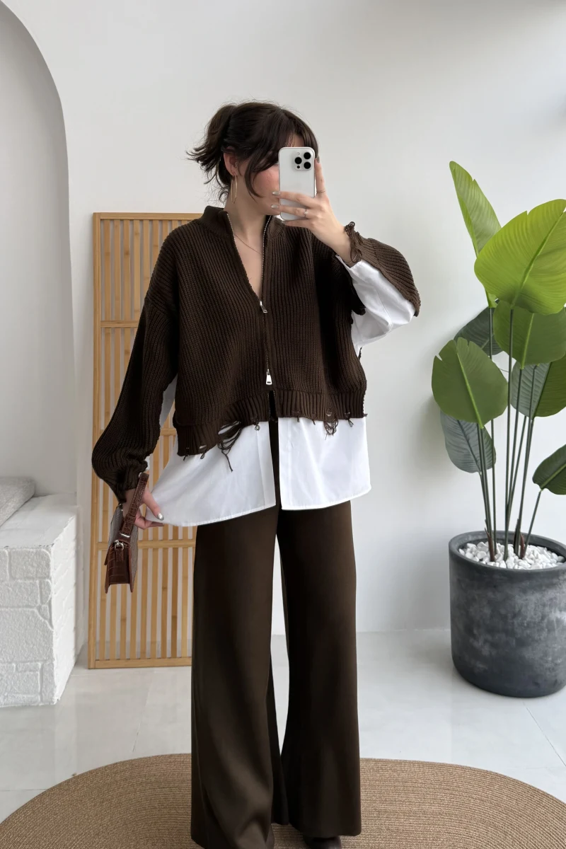 Calliope Gömlek Detay Hırka Takım - Acı Kahve