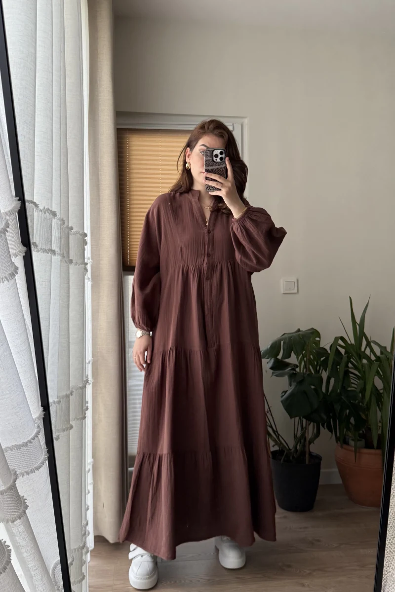 Cande Müslin Uzun Elbise Acı Kahve