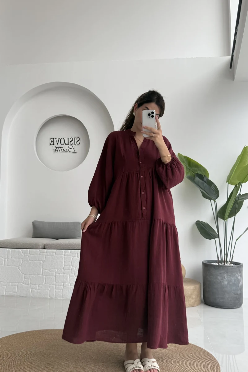 Cande Müslin Uzun Elbise - Bordo - 3007