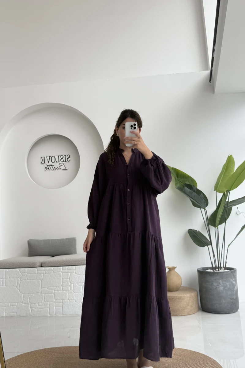 Cande Müslin Uzun Elbise - Mürdüm - 3007