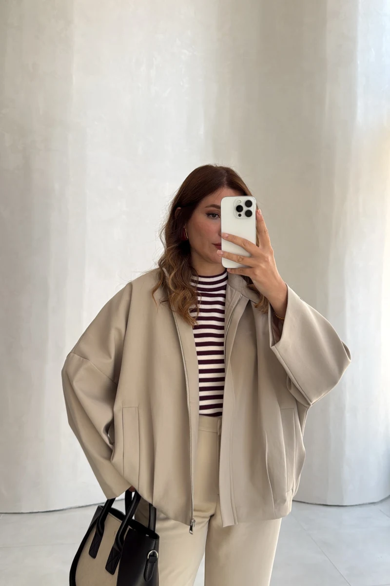 Carlotta Pileli Bomber Ceket - Taş - Kod: 7781