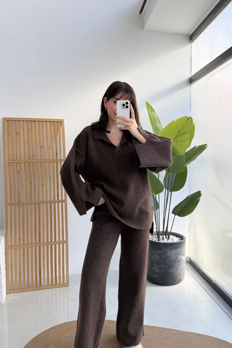 Carly Polo Yaka Triko Takım - Acı Kahve