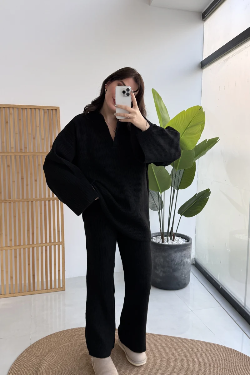 Carly Polo Yaka Triko Takım - Siyah