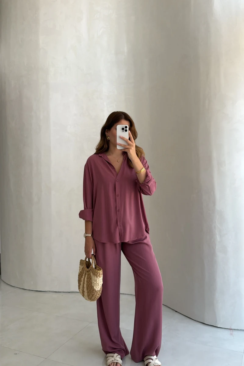 Celine Modal Bol Paça Gömlek Takım - Gül Kurusu - Kod: 7112