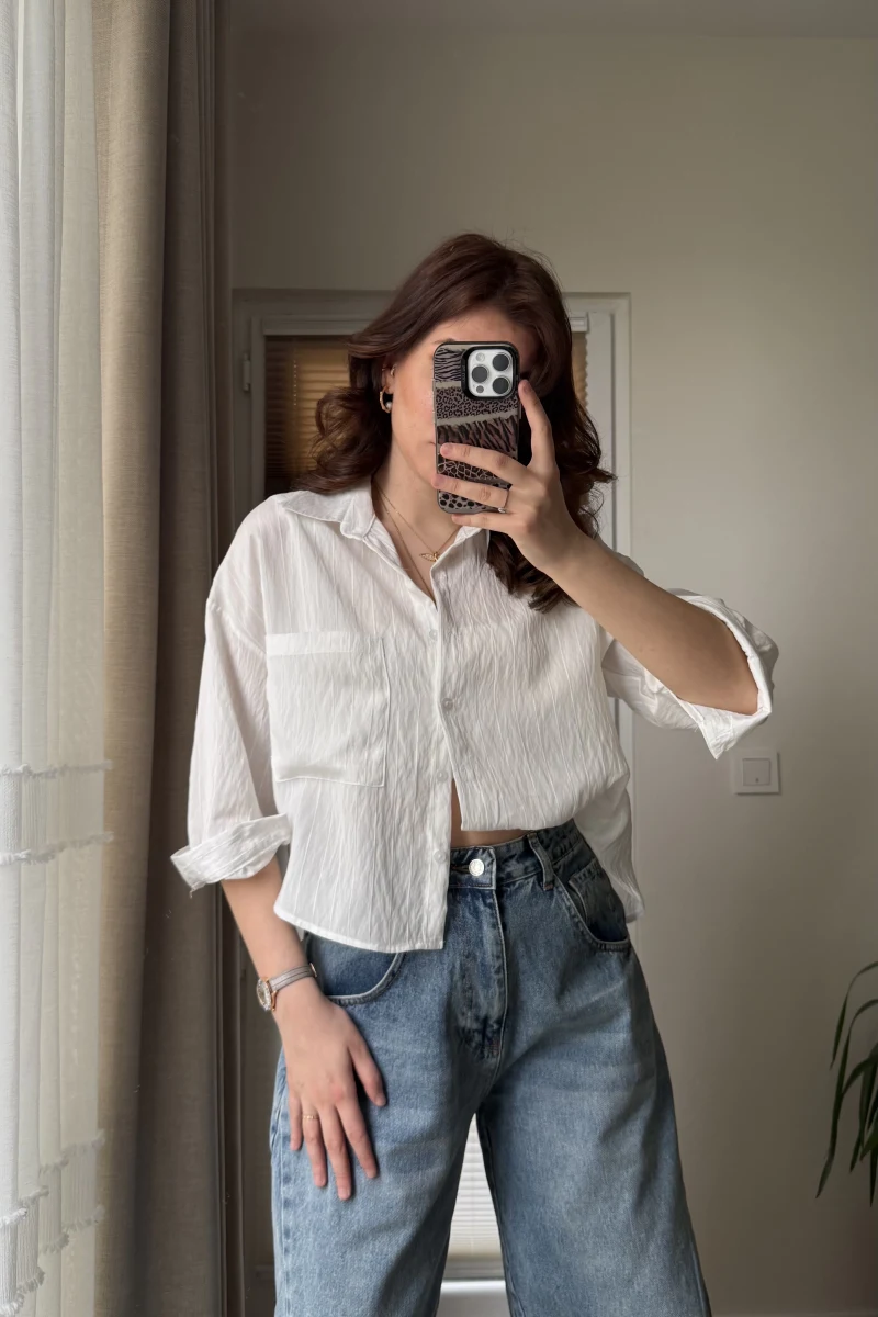 Cepli Modal Karışımlı Gömlek Beyaz