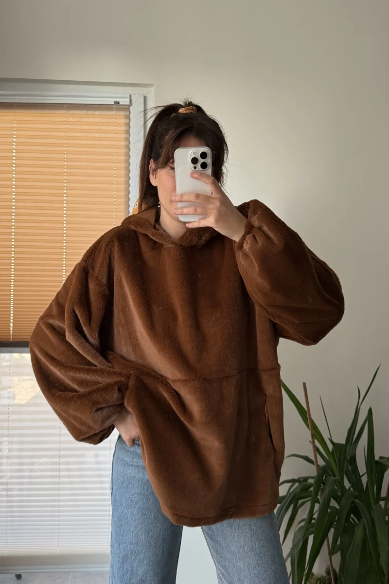 Cepli Peluş Uzun Kapüşonlu Sweatshirt Acı Kahve