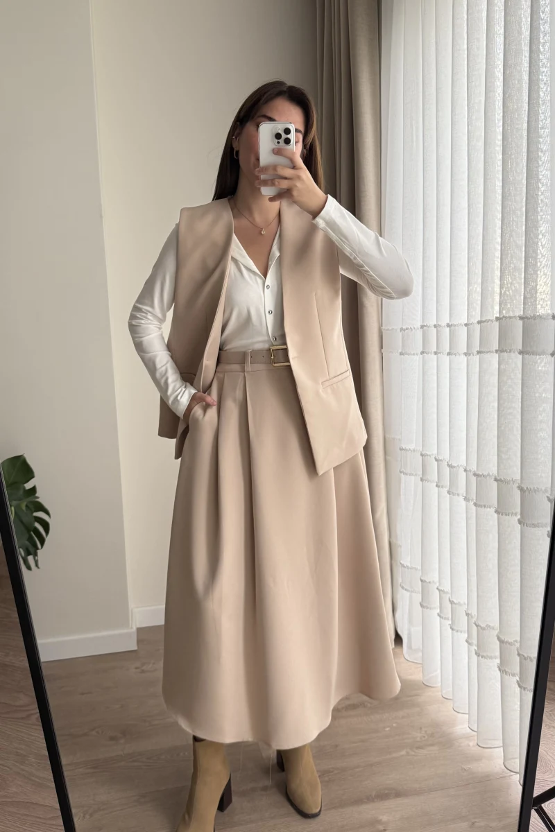 Cepli Pileli Uzun Etek Kemer Dahil Krem