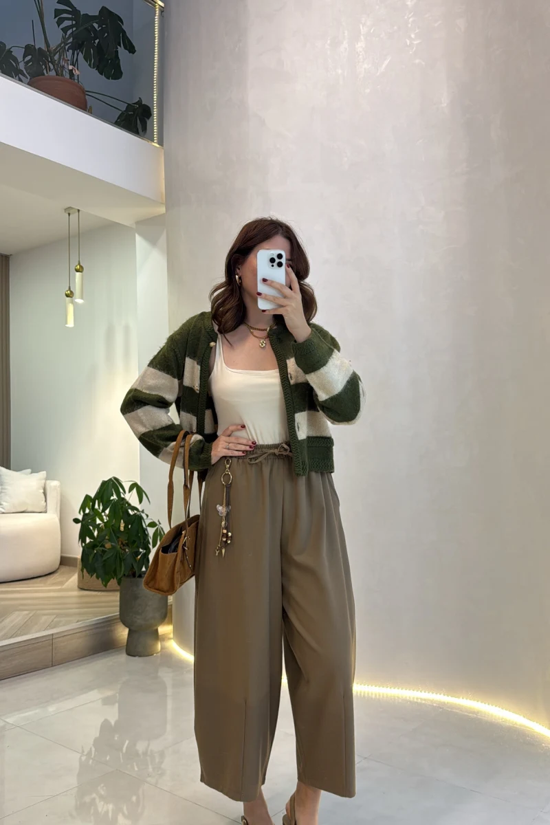 Charmlı Beli Lastikli Barrel Pantolon - Karamel - Kod: 51489