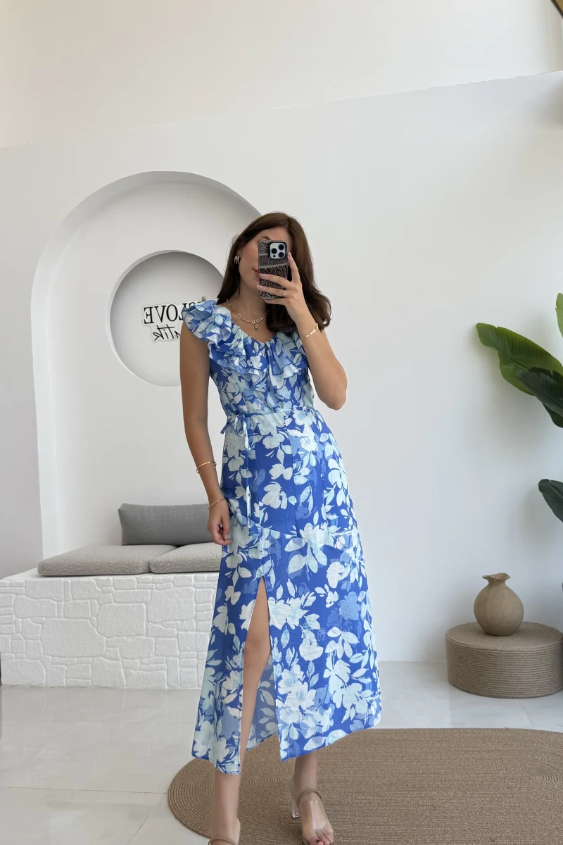 Çiçek Desenli Elbise - 3064 - Mavi