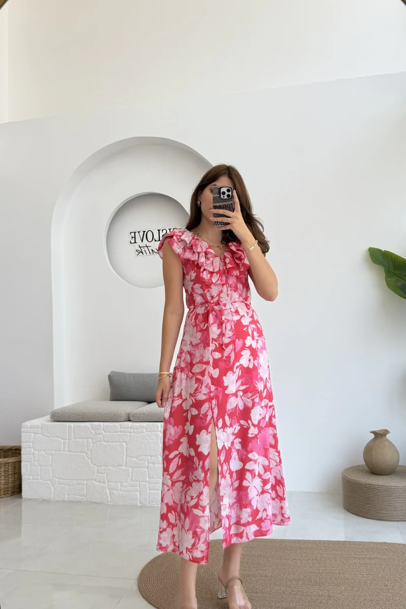 Çiçek Desenli Elbise - 3064 - Pembe