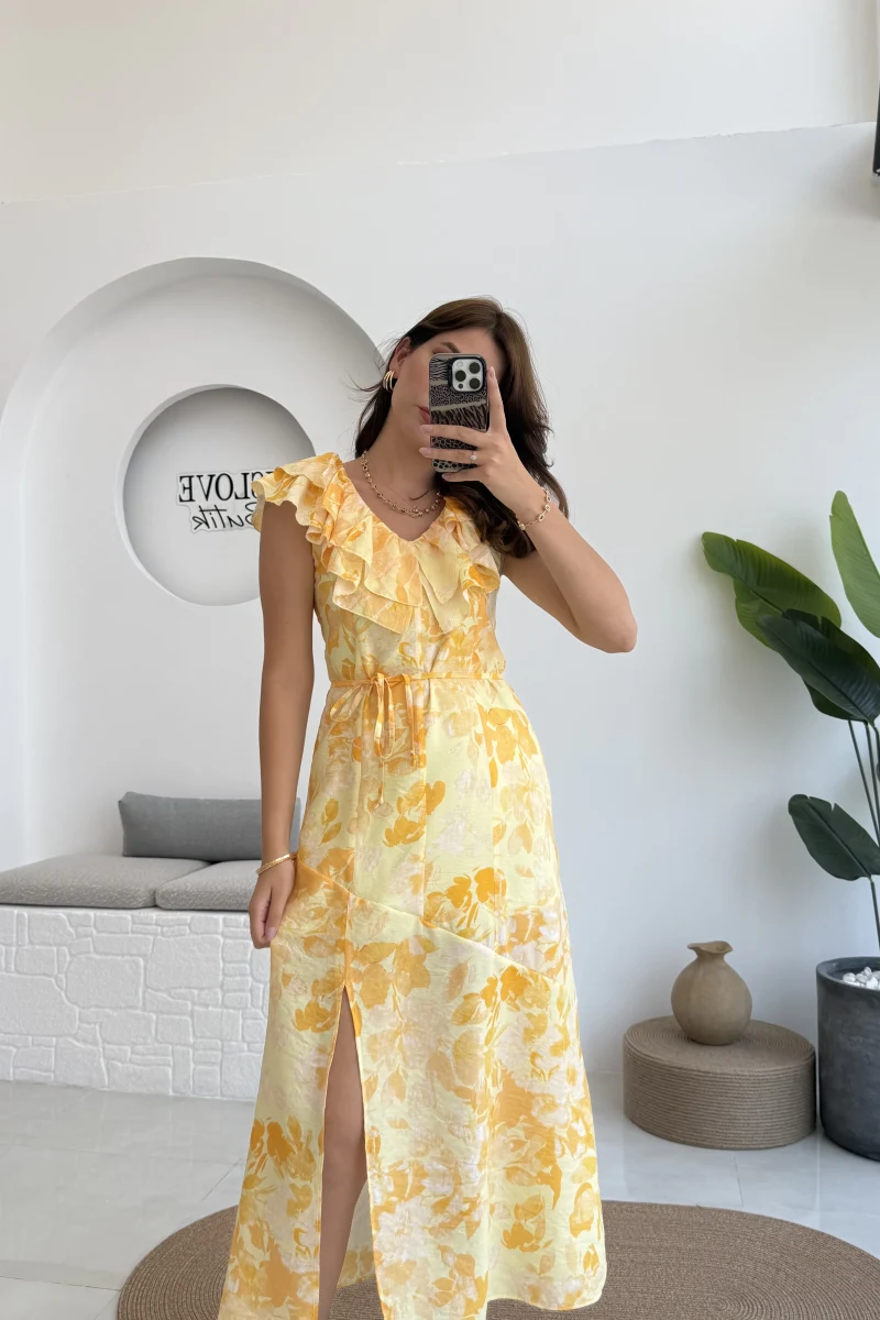 Çiçek Desenli Elbise - 3064 - Sarı