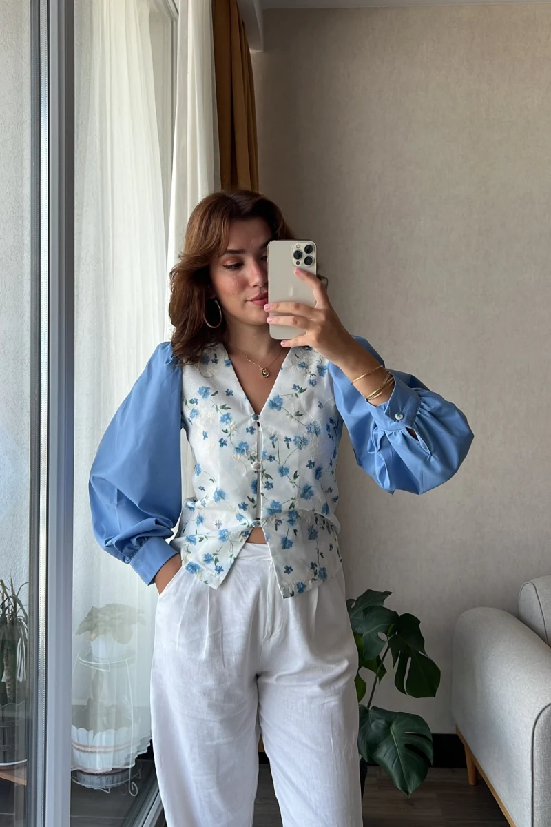 Çiçekli Balon Kol Gömlek Mavi