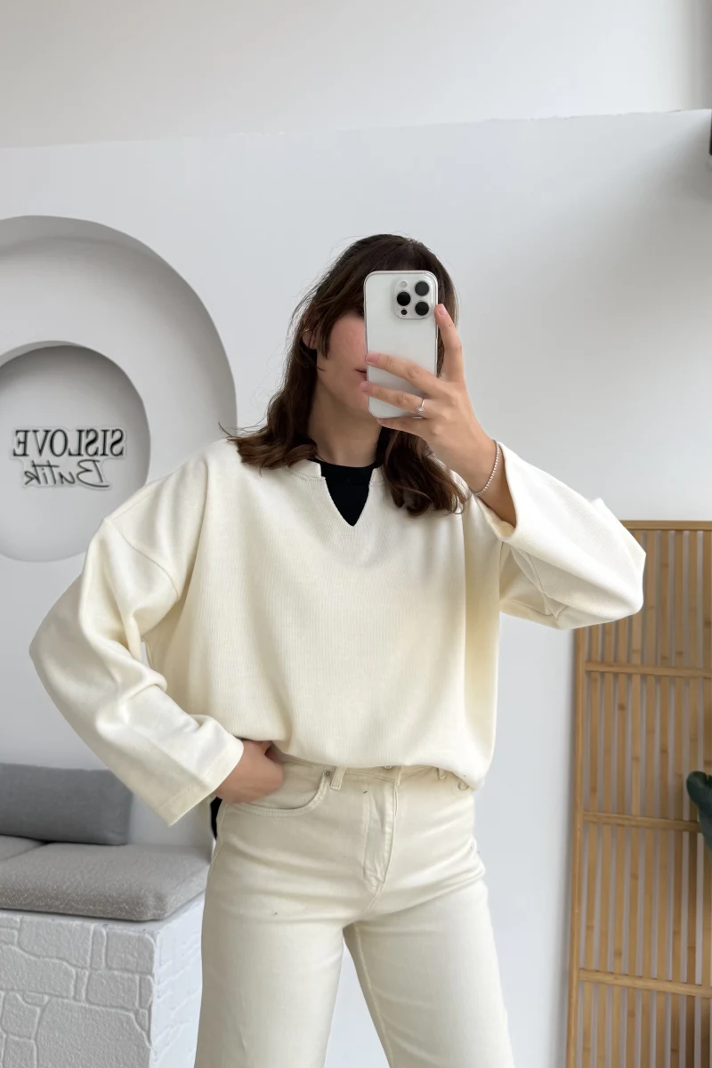 Çift Katman Görünümlü Sweat - Ekru - Kod: 1052