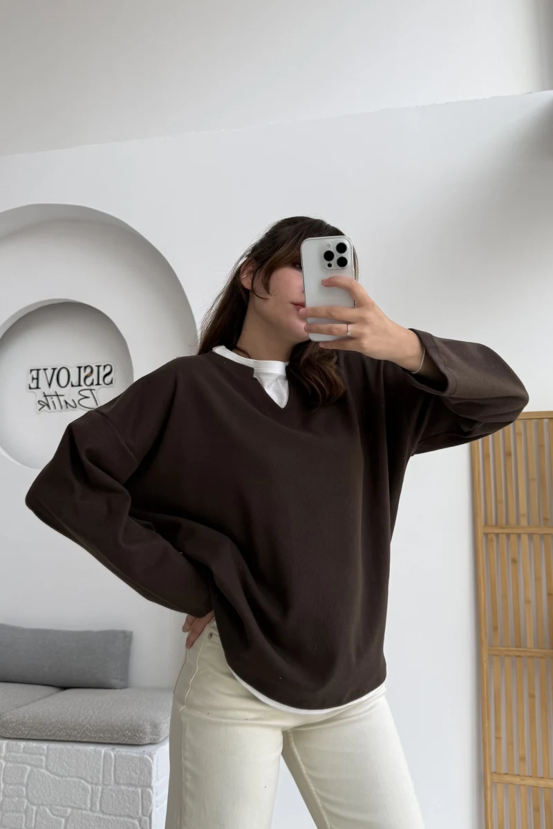 Çift Katman Görünümlü Sweat - Kahverengi - Kod: 1052