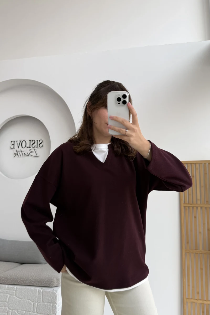 Çift Katman Görünümlü Sweat - Mürdüm - Kod: 1052