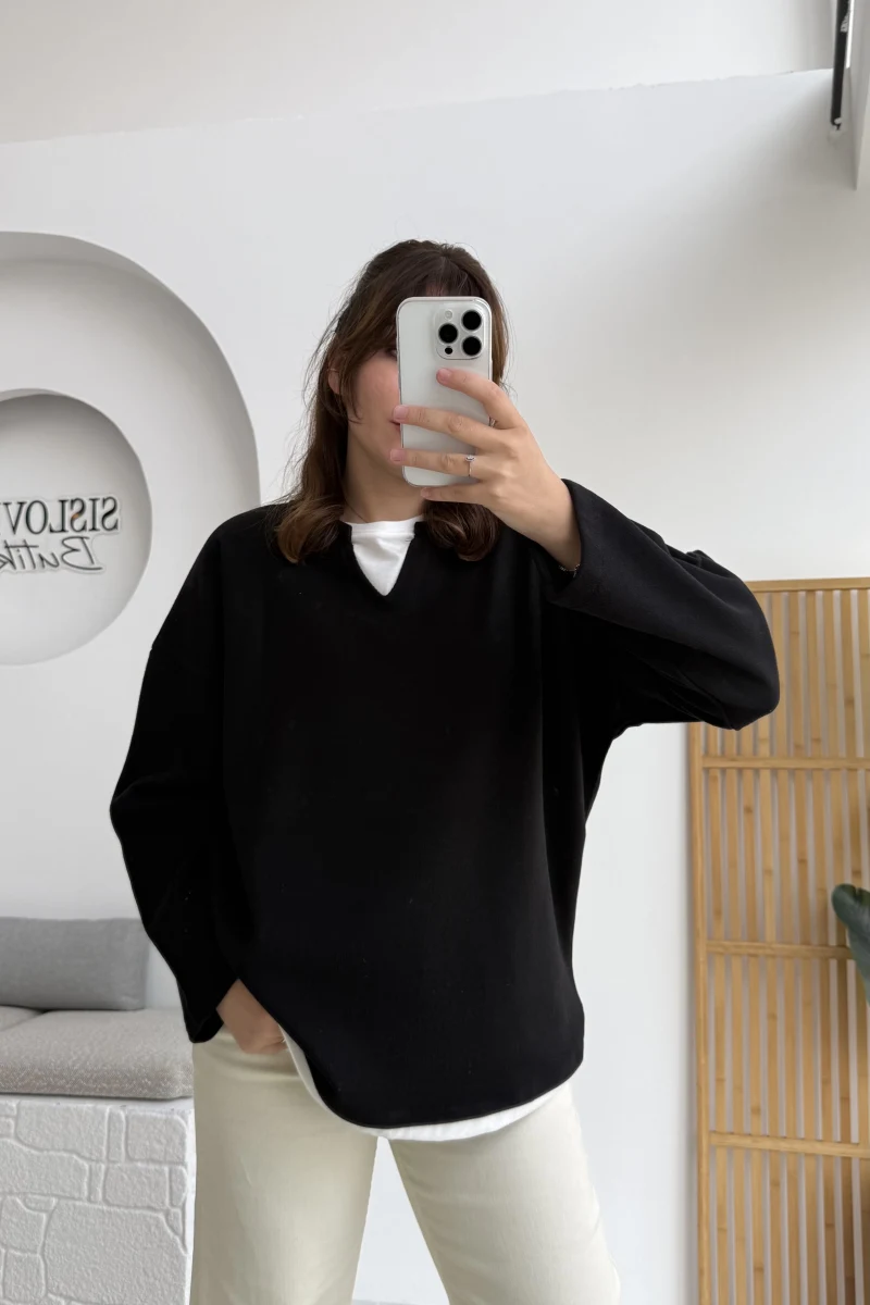 Çift Katman Görünümlü Sweat - Siyah - Kod: 1052