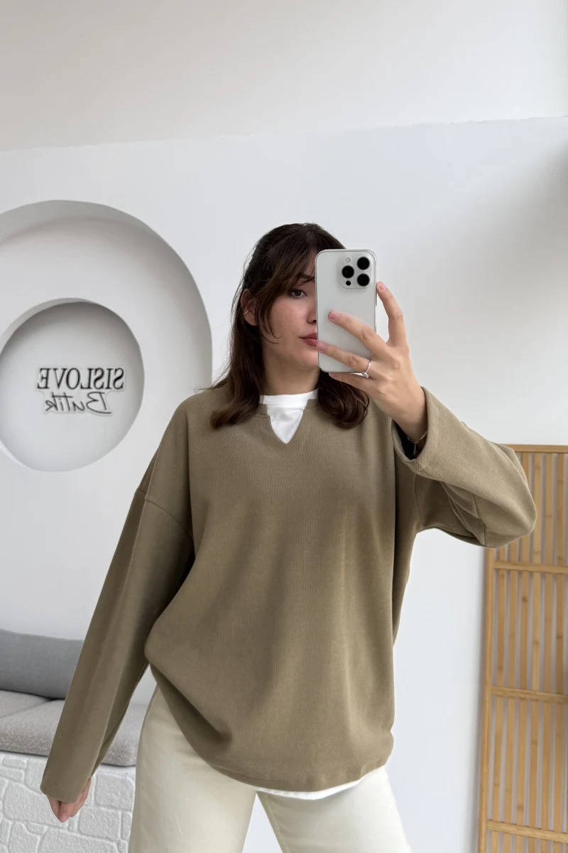 Çift Katman Görünümlü Sweat - Toprak - Kod: 1052